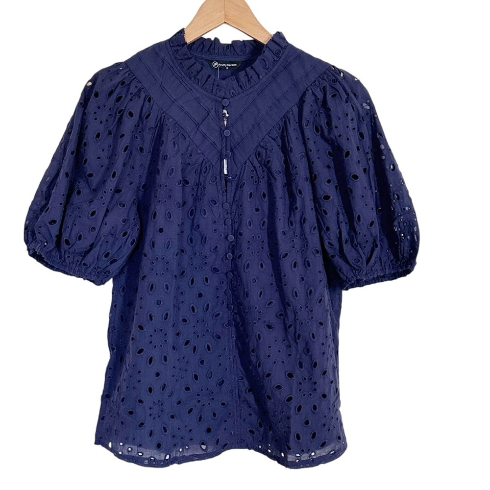 Pretty Garden Eyelet Short Lantern Puffy Sleeve  Blouse Navy Blue - Picture 2 of 7